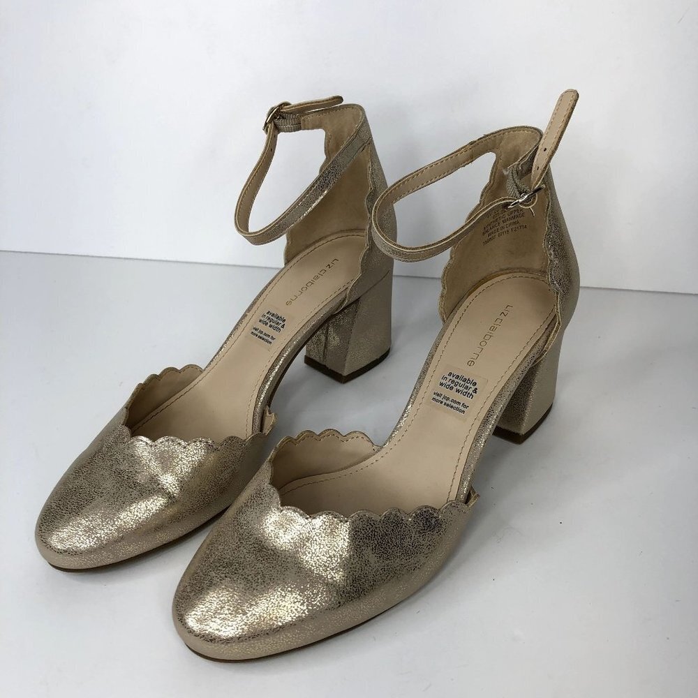 Liz Claiborne Celina Heels Women Size 6M Gold Ankle Strap Scalloped Design New